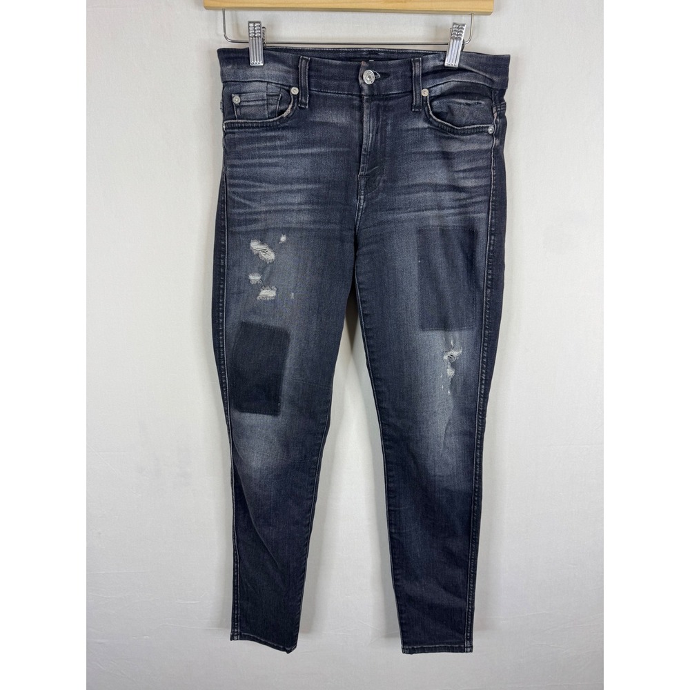 7 For All Mankind Skinny Jeans Black Distressed Patchwork Denim Womens 27